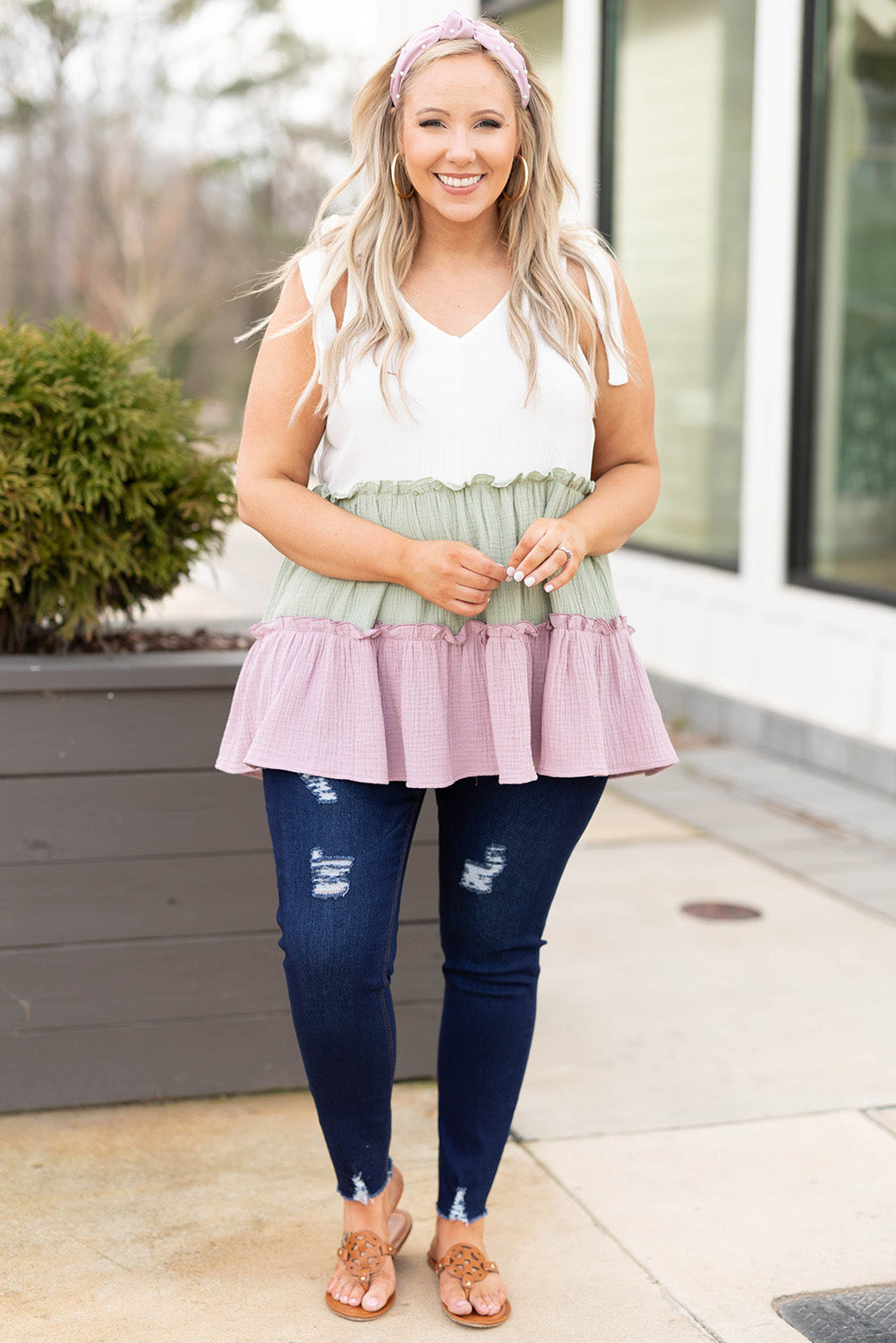 Plus Size Color Block Ruffle Tiered Babydoll Tank Top