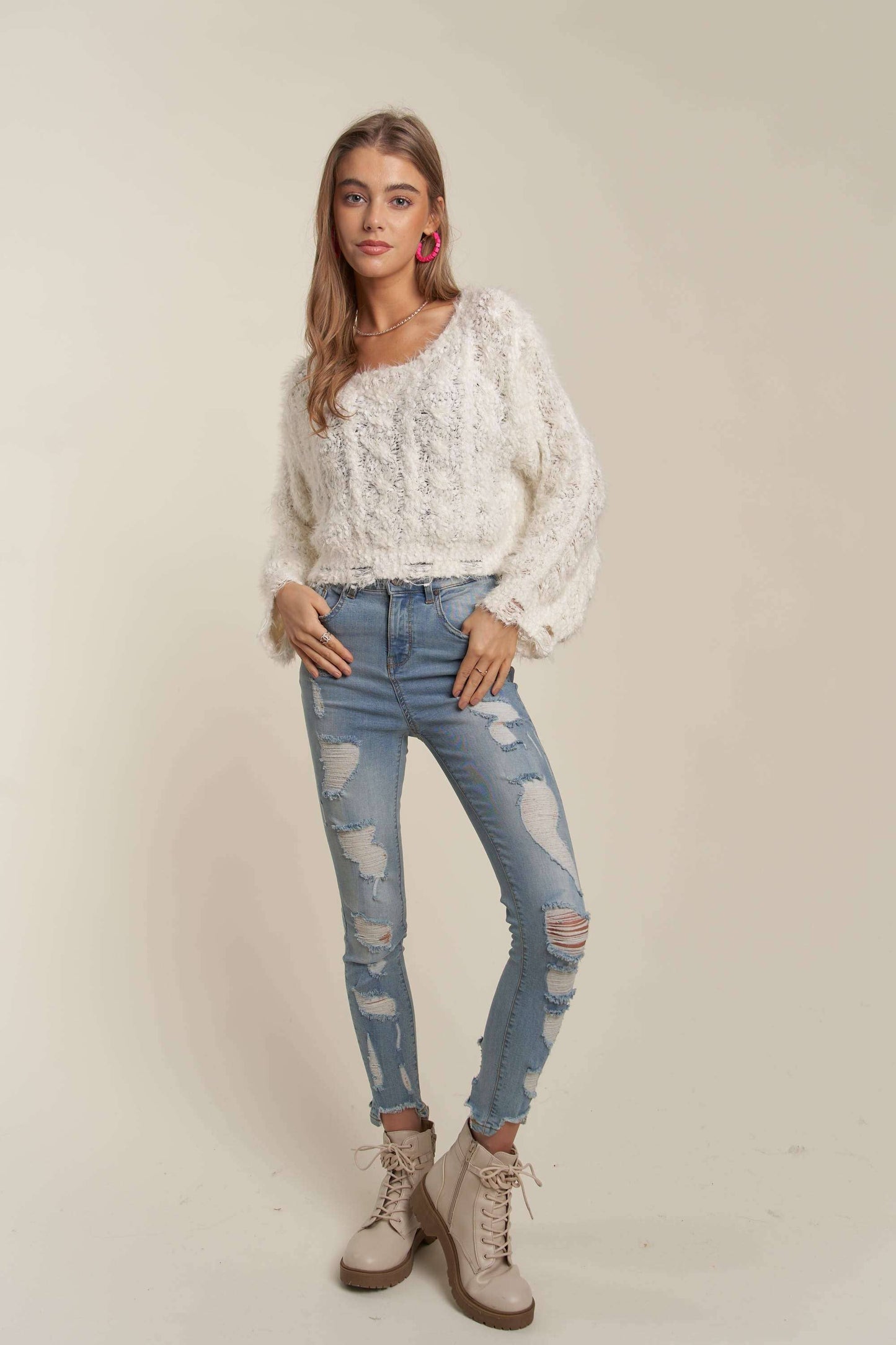 ADORA LA - CESW3446 - FRAYED HEM CROP SWEATER TOP: ONE SIZE / PINK