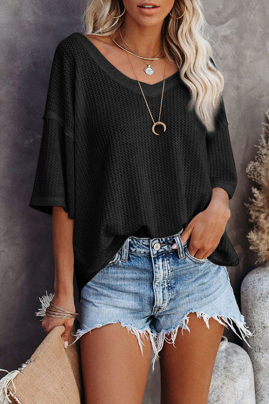 Waffle Knit Drop Shoulder Loose Top