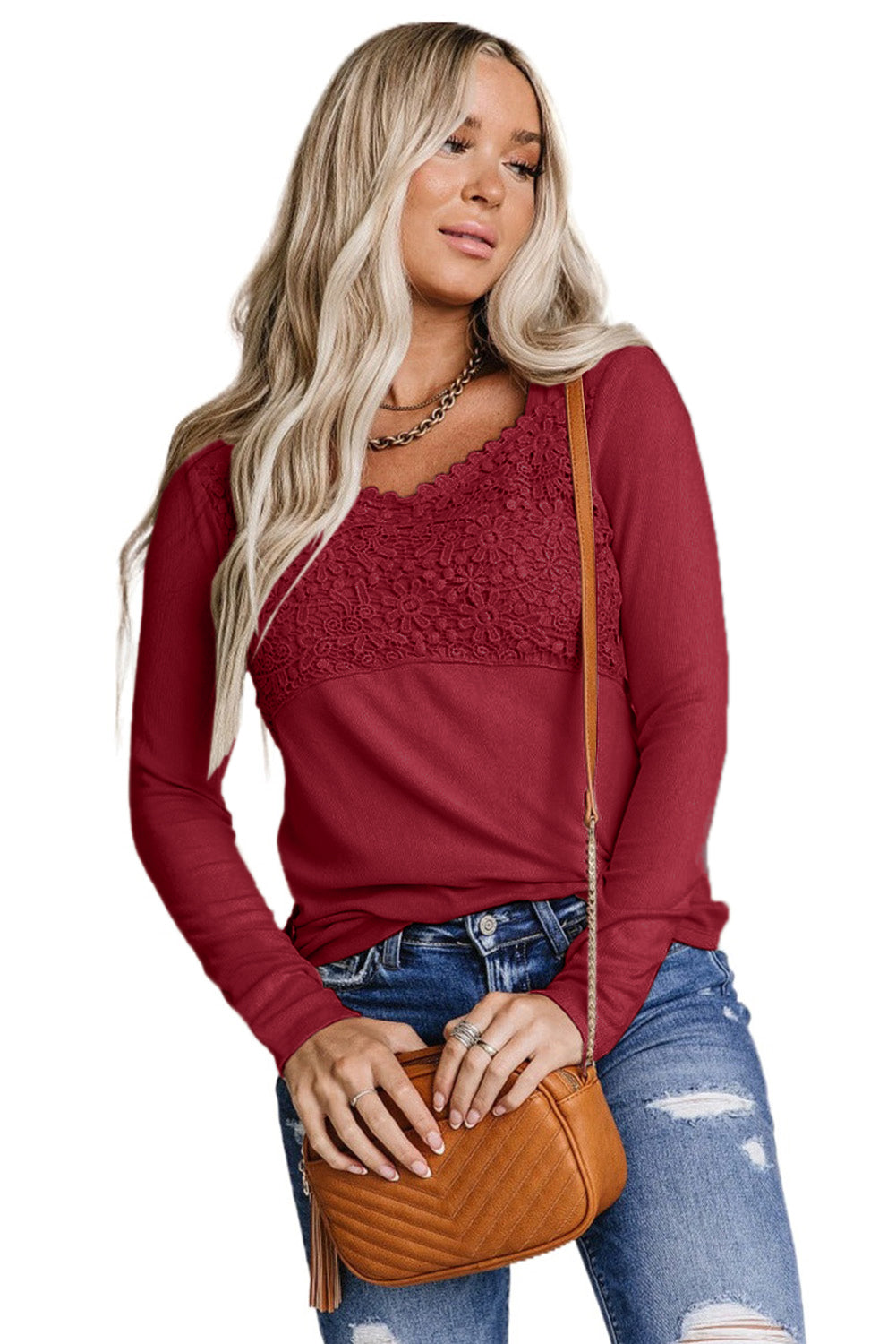 Lace Crochet V Neck Long Sleeve Top