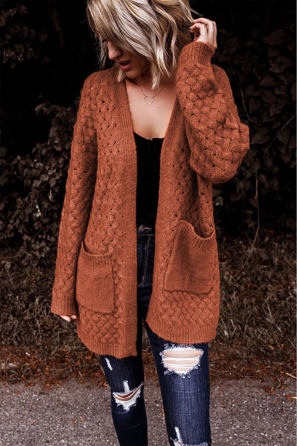 Brown Open Front Woven Texture Knitted Cardigan with Pockets