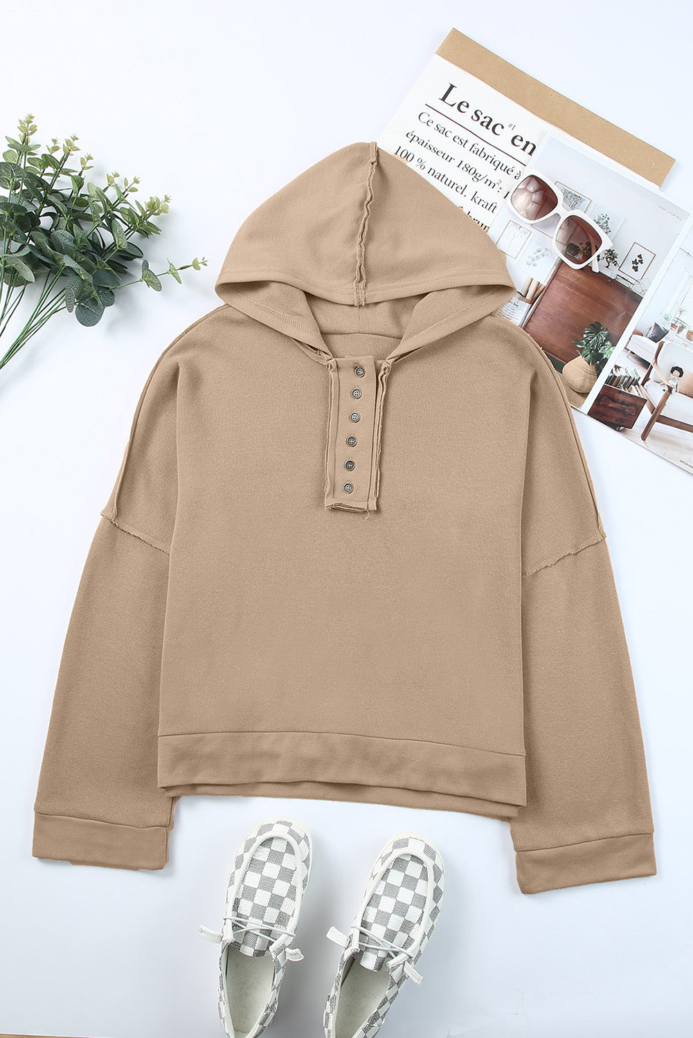 Khaki Casual Button Solid Patchwork Trim Hoodie