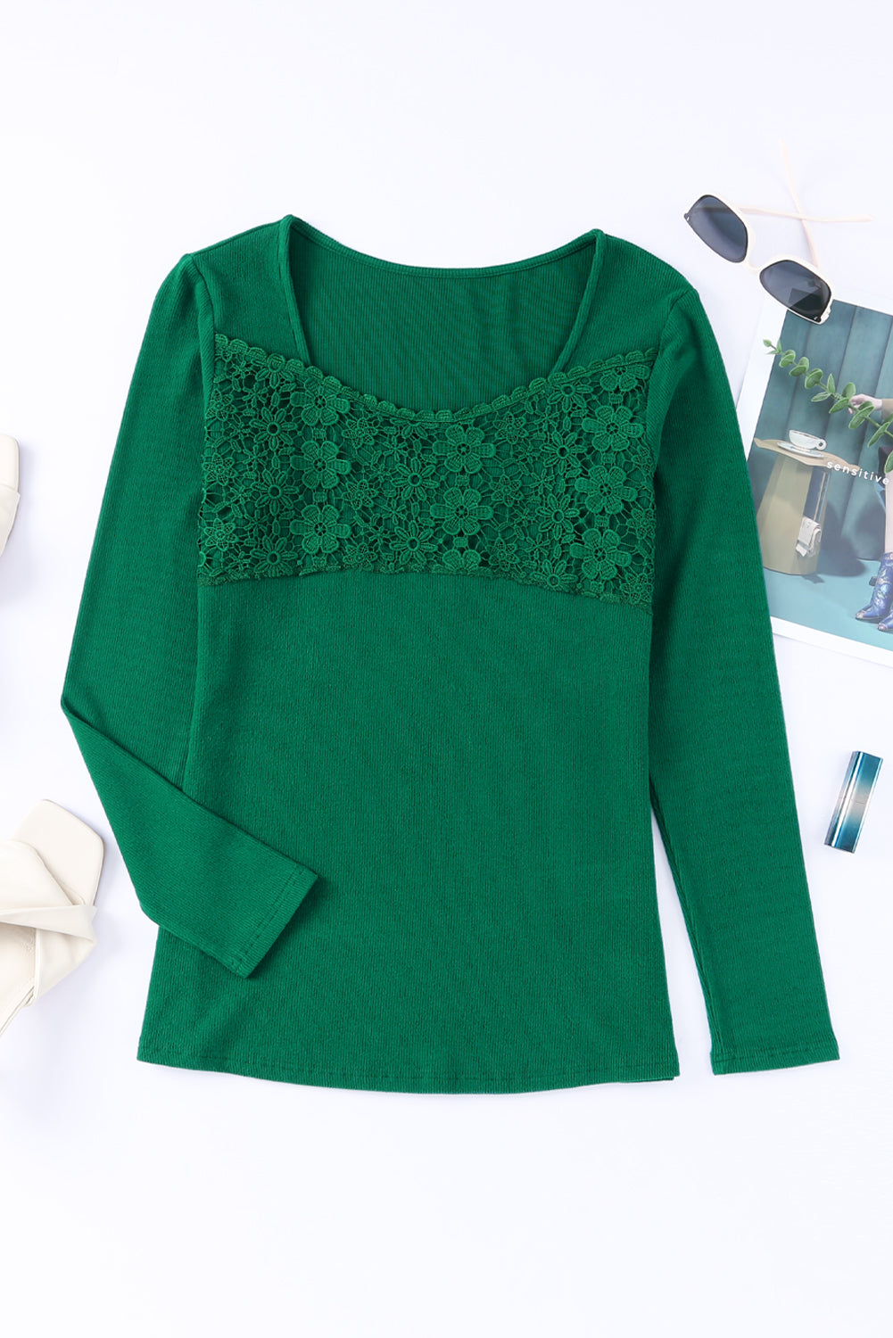 Lace Crochet V Neck Long Sleeve Top