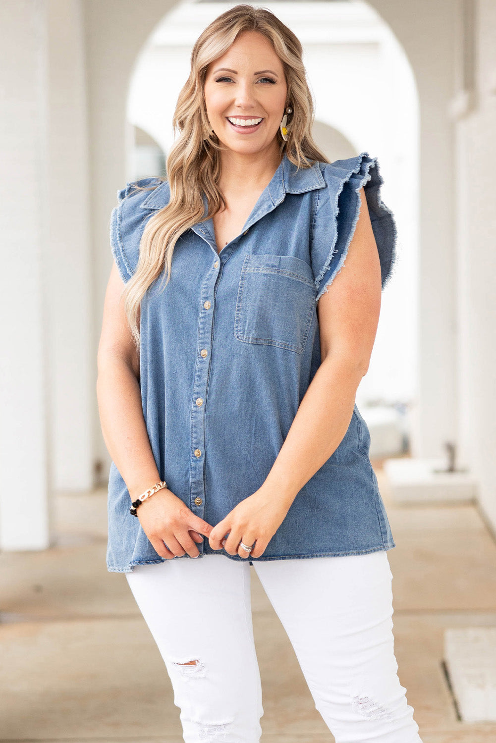 Frayed Ruffle Sleeve Plus Size Denim Shirt