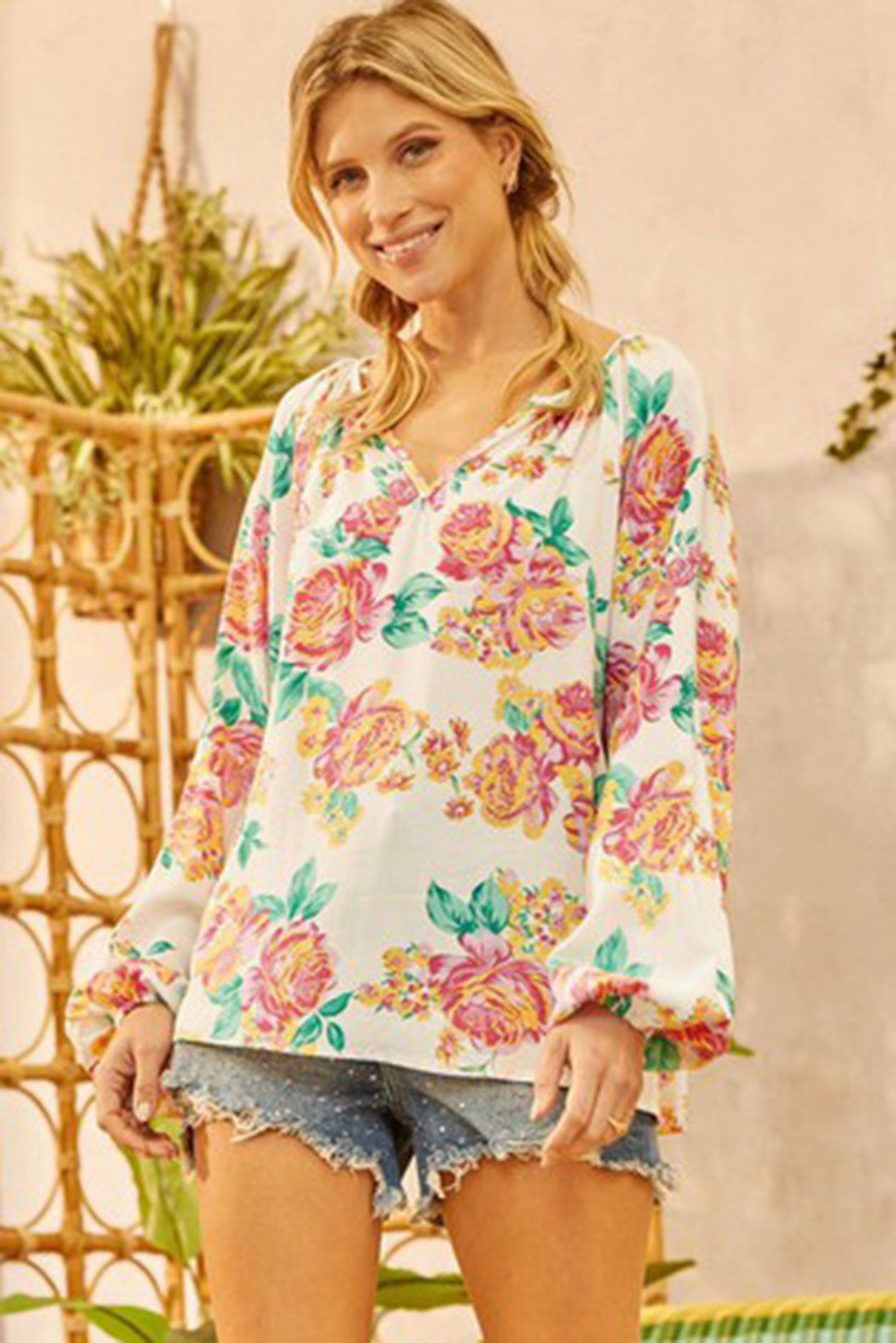 Notch V Neck Floral Pleated Puff Sleeve Blouse