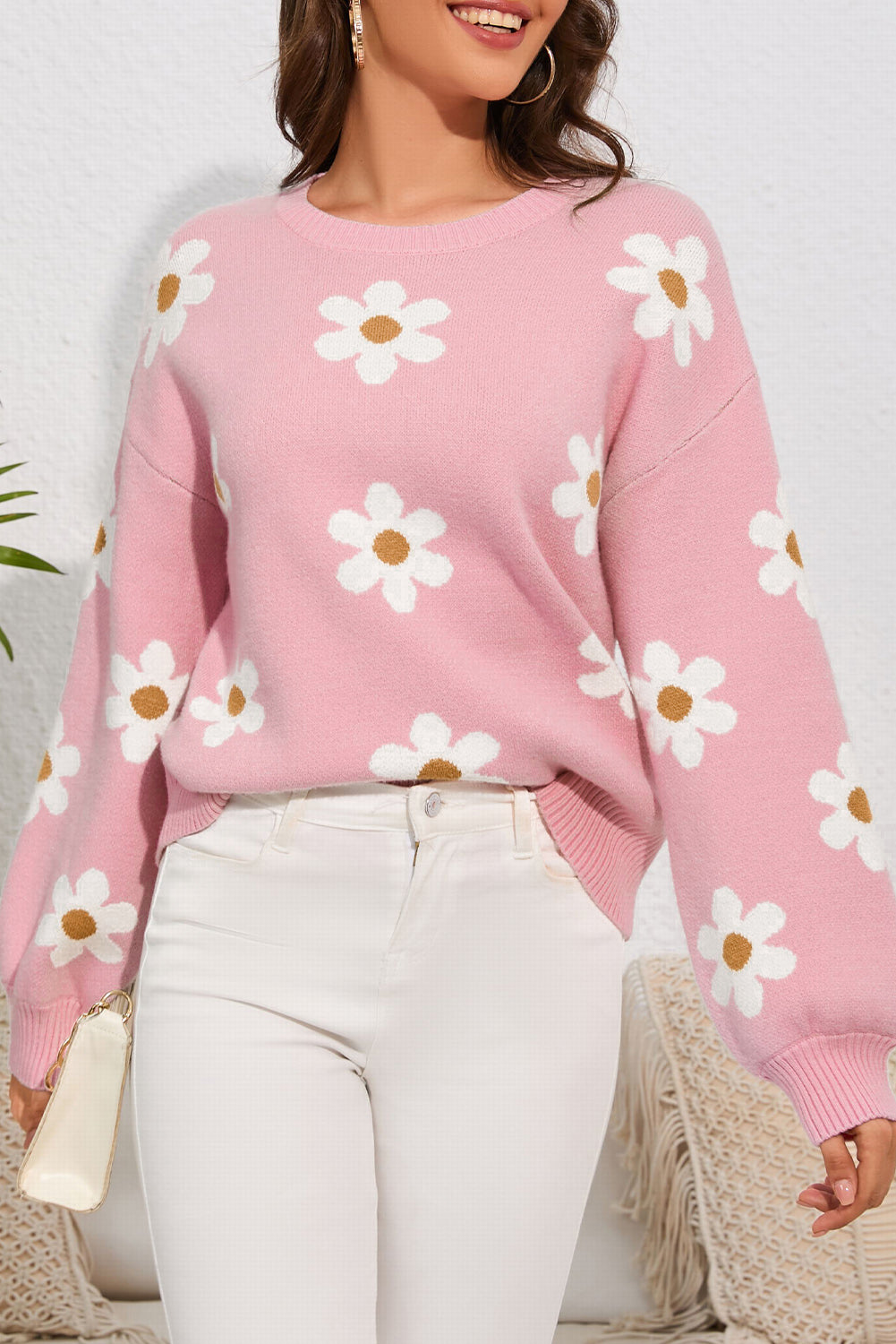 Floral Pattern Drop Shoulder Sweater