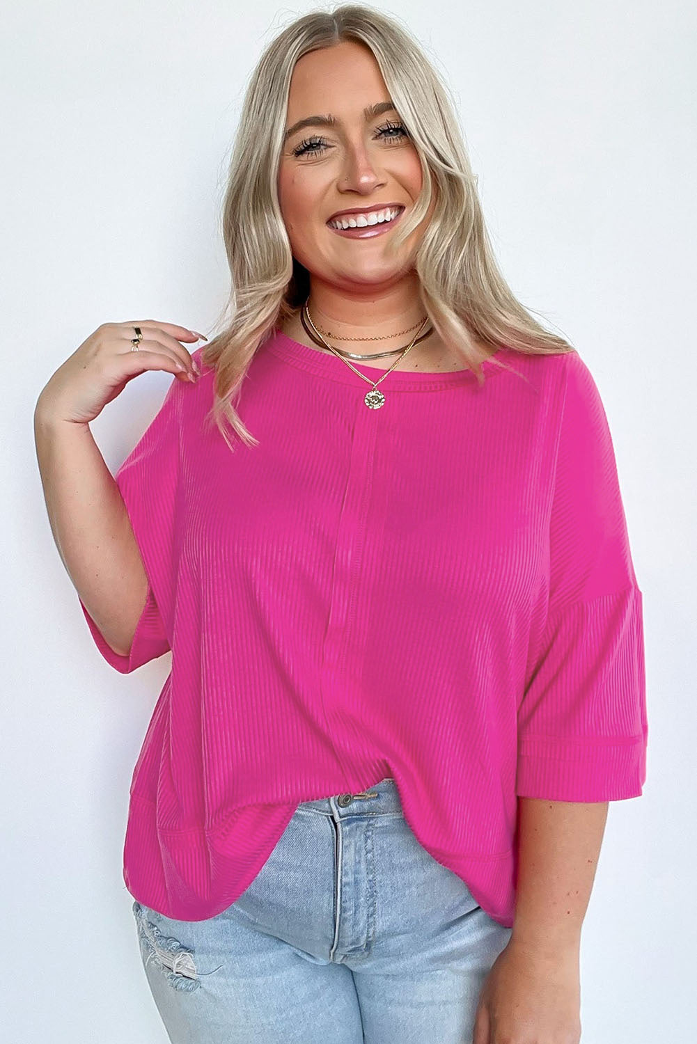 Plus Size Ribbed 3/4 Sleeves Flowy Top