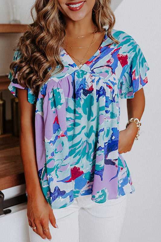 Abstract Print V Neck Flutter Sleeve Blouse