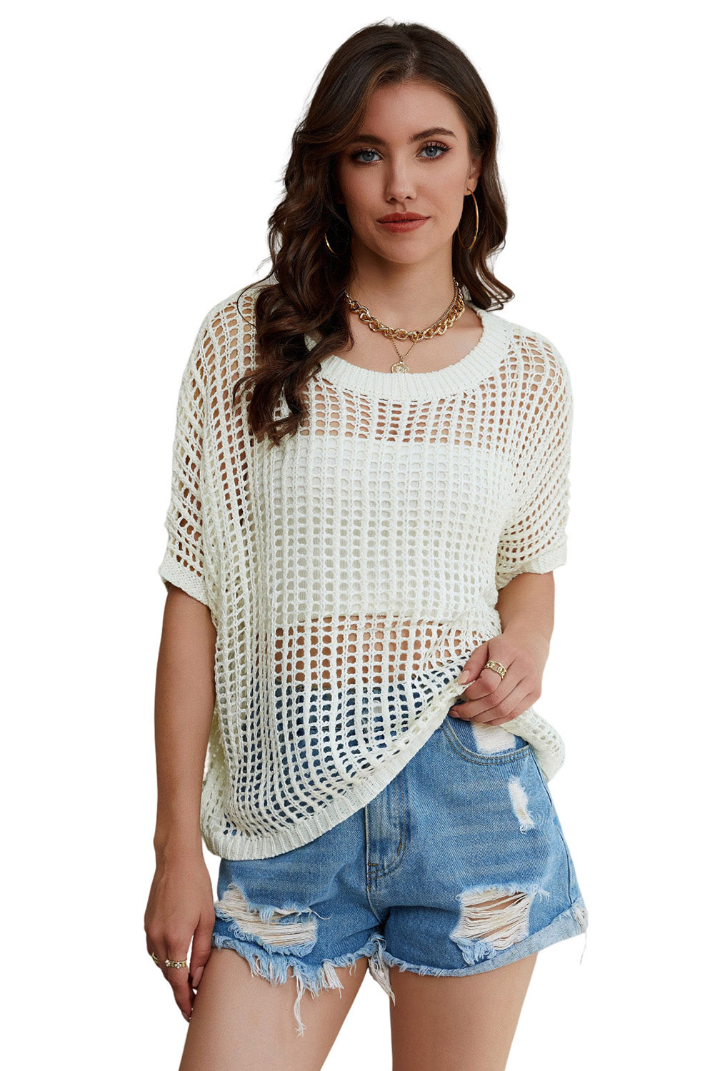 Whit Fishnet Knit Ribbed Round Neck Short Sleeve Sweater Tee