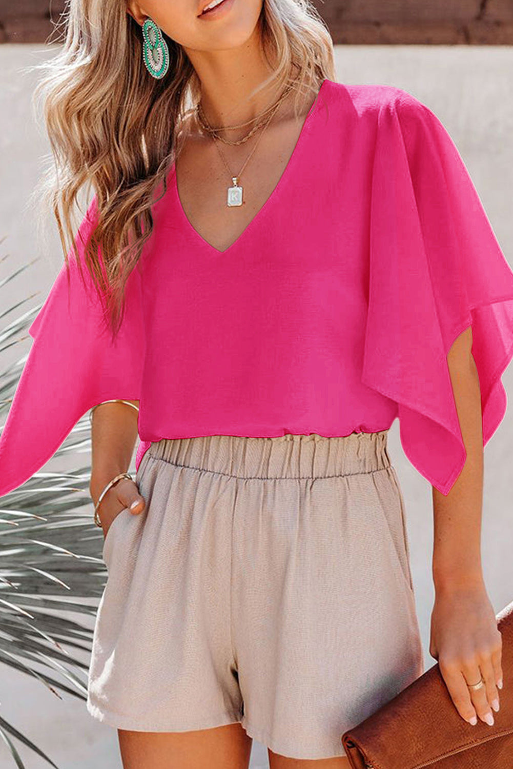 Plain Flounce Bell Sleeve V Neck Blouse