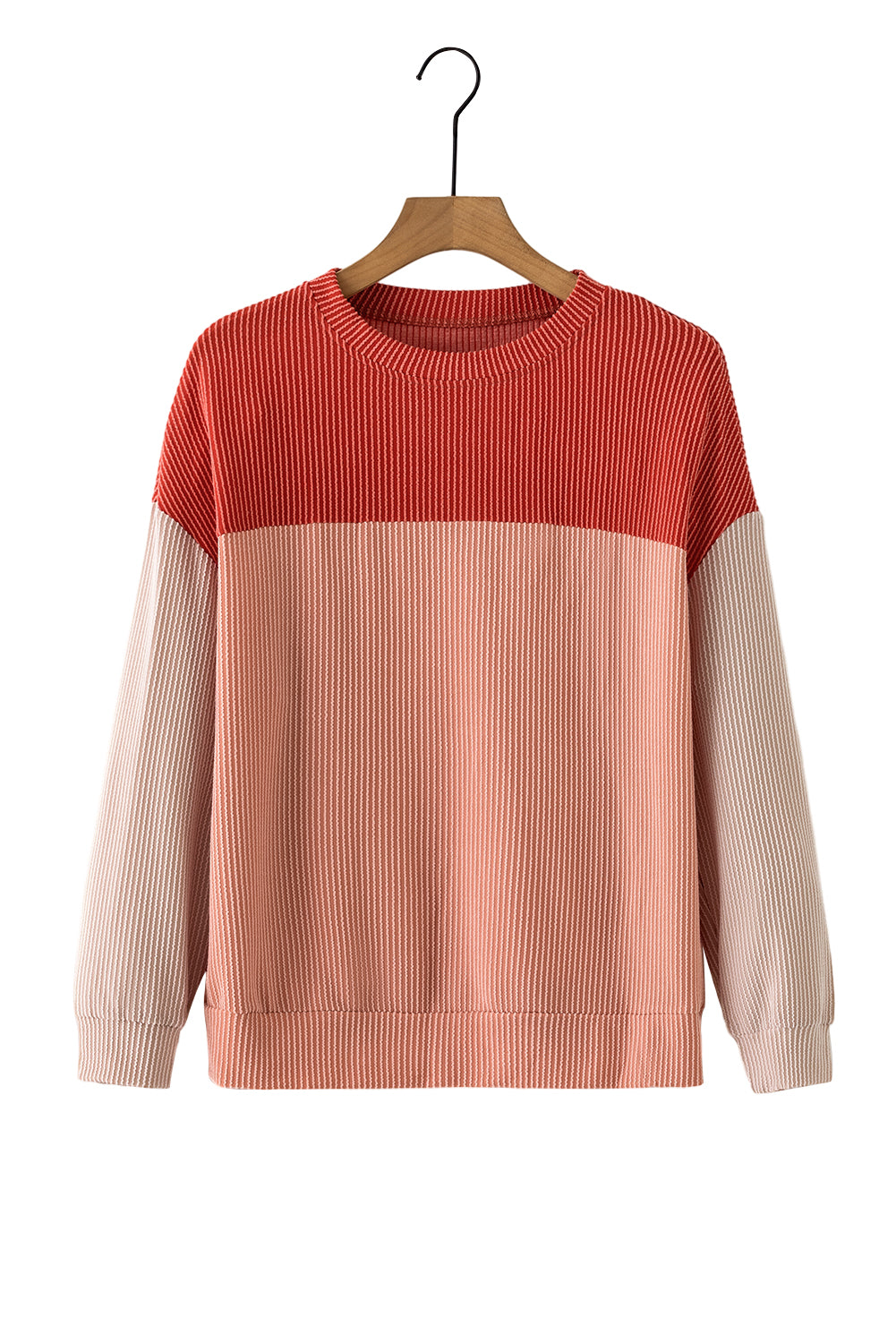 Red Color Block Long Sleeve Ribbed Loose Top