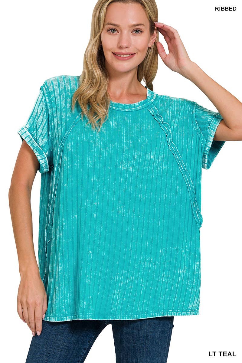 RIBBED RAGLAN DOLMAN SLEEVE BOAT-NECK TOP: K GREEN-