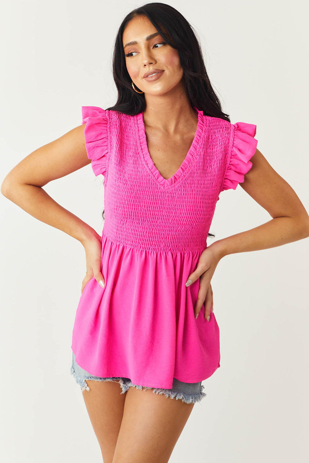 Smocked Ruffle Flutter Sleeve Peplum Blouse