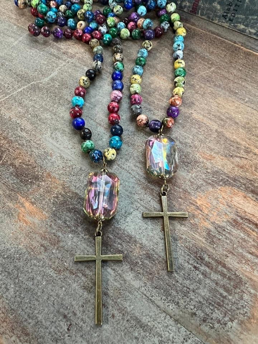 Multi Color Small Cross Long Necklace