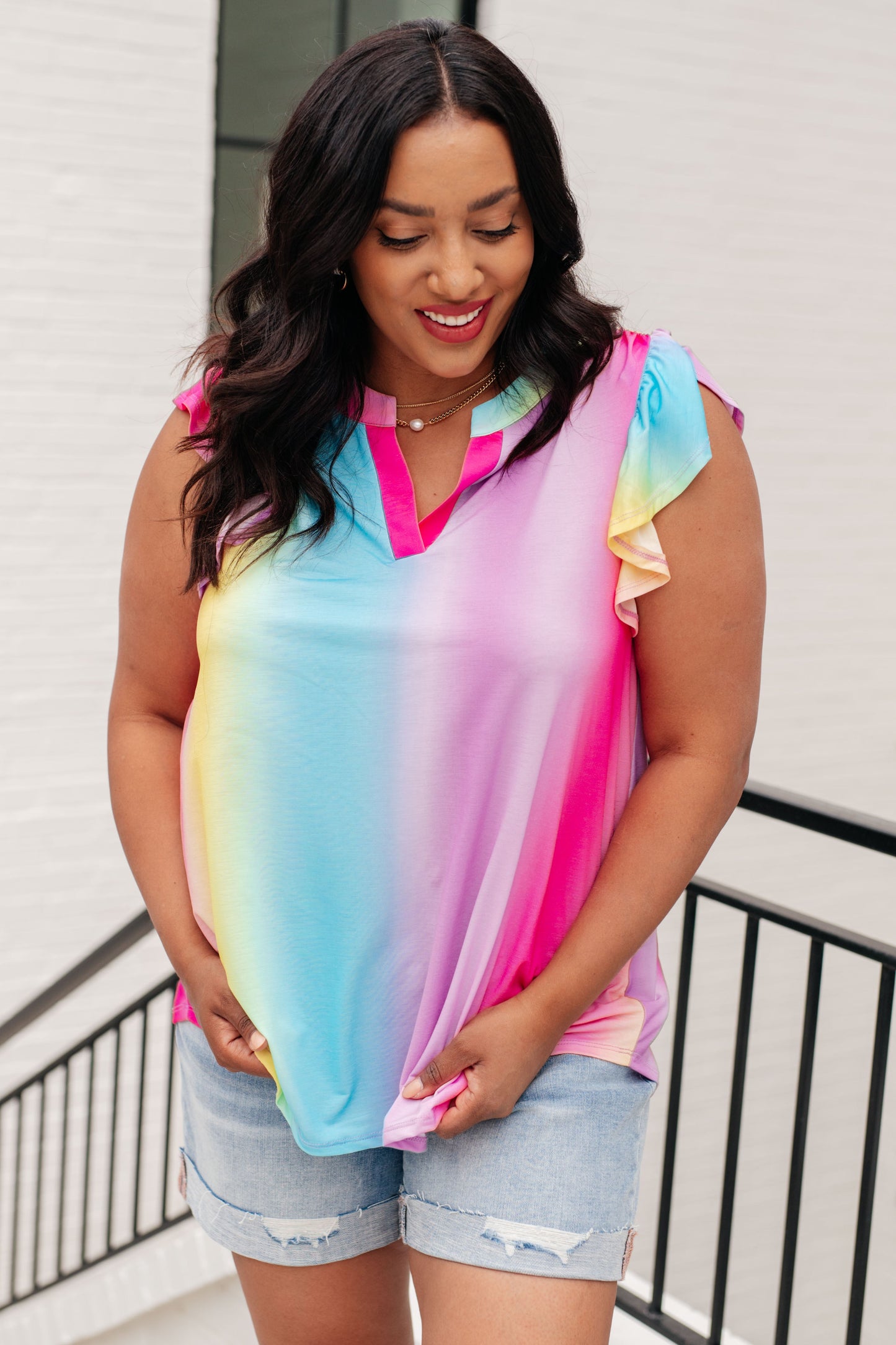 Lizzy Flutter Sleeve Top in Ombre Rainbow