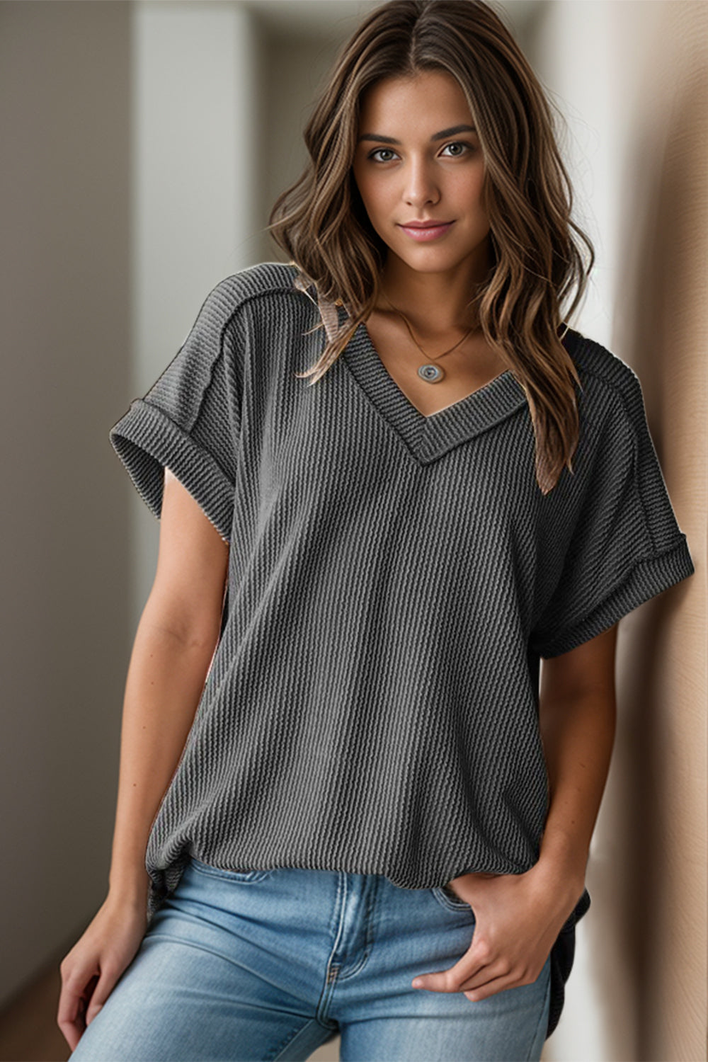 Textured V-Neck Short Sleeve Top