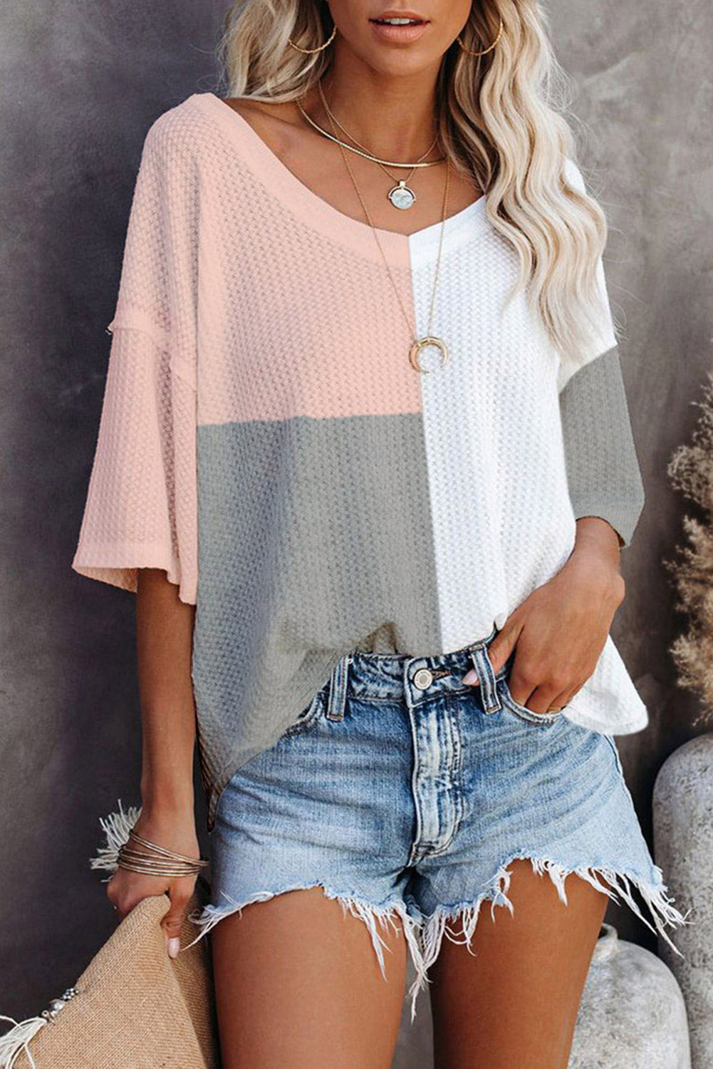 Multicolor Waffle Colorblock Long Sleeve Oversized Top