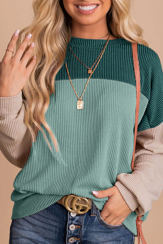 Green Color Block Long Sleeve Ribbed Loose Top