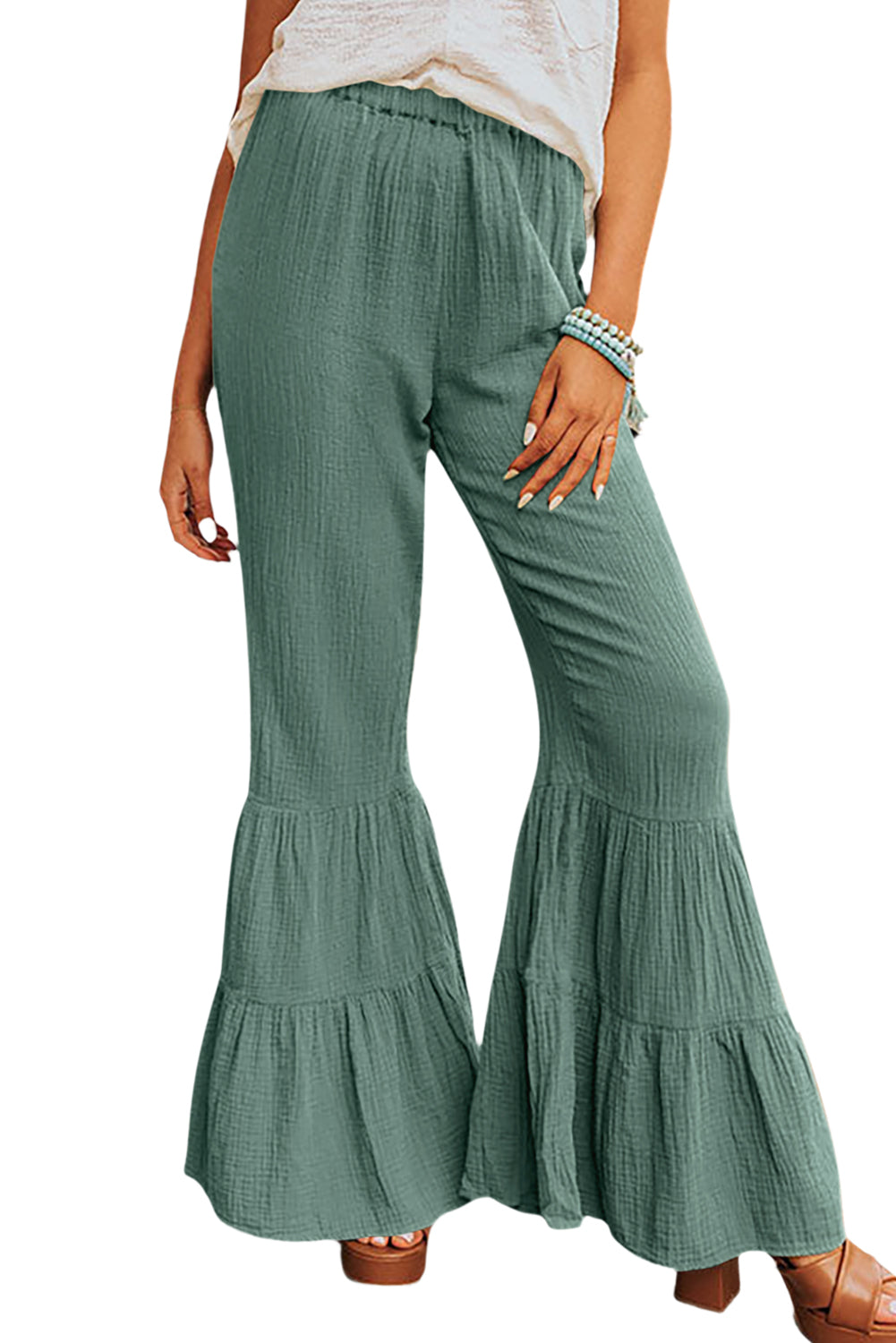 Textured High Waist Ruffled Bell Bottom Pants