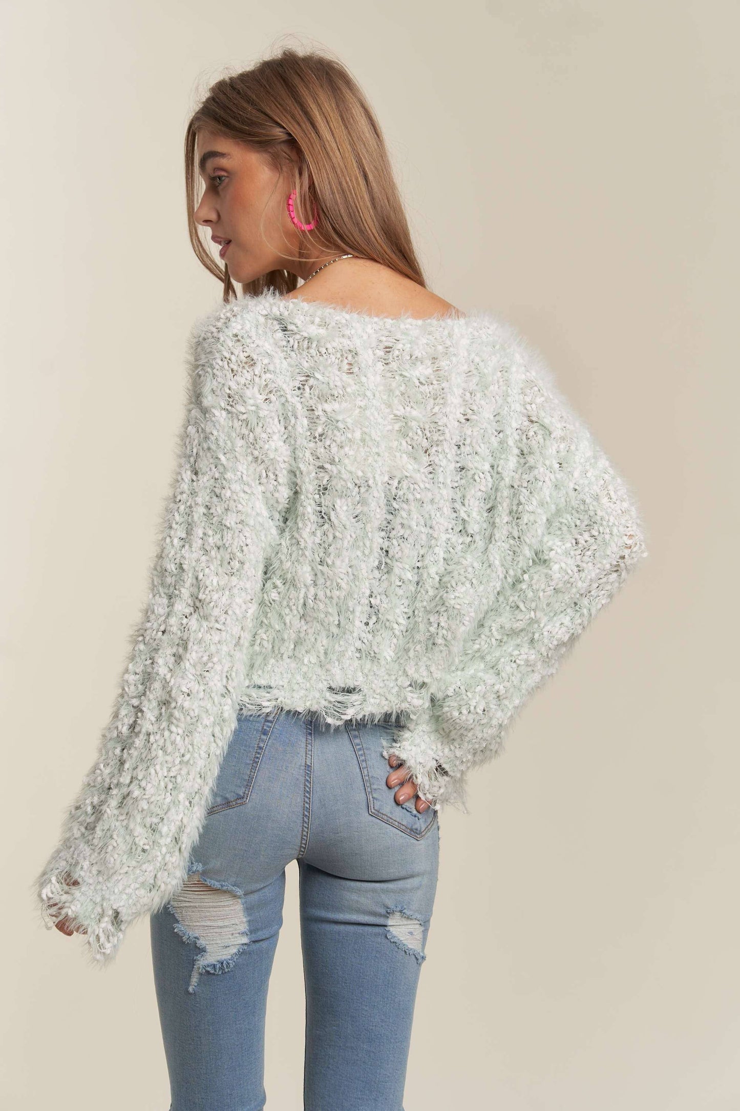 ADORA LA - CESW3446 - FRAYED HEM CROP SWEATER TOP: ONE SIZE / PINK