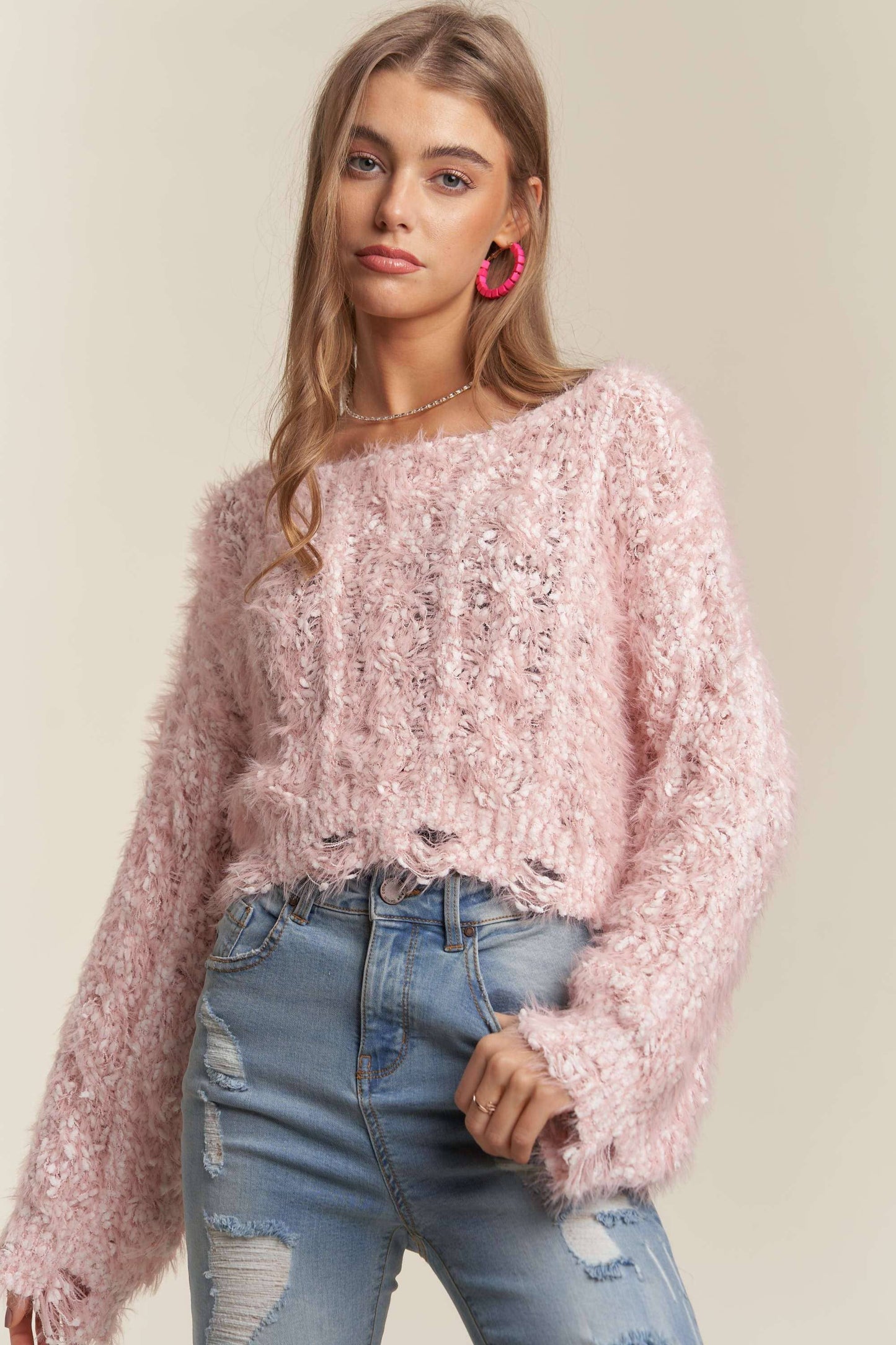 ADORA LA - CESW3446 - FRAYED HEM CROP SWEATER TOP: ONE SIZE / PINK