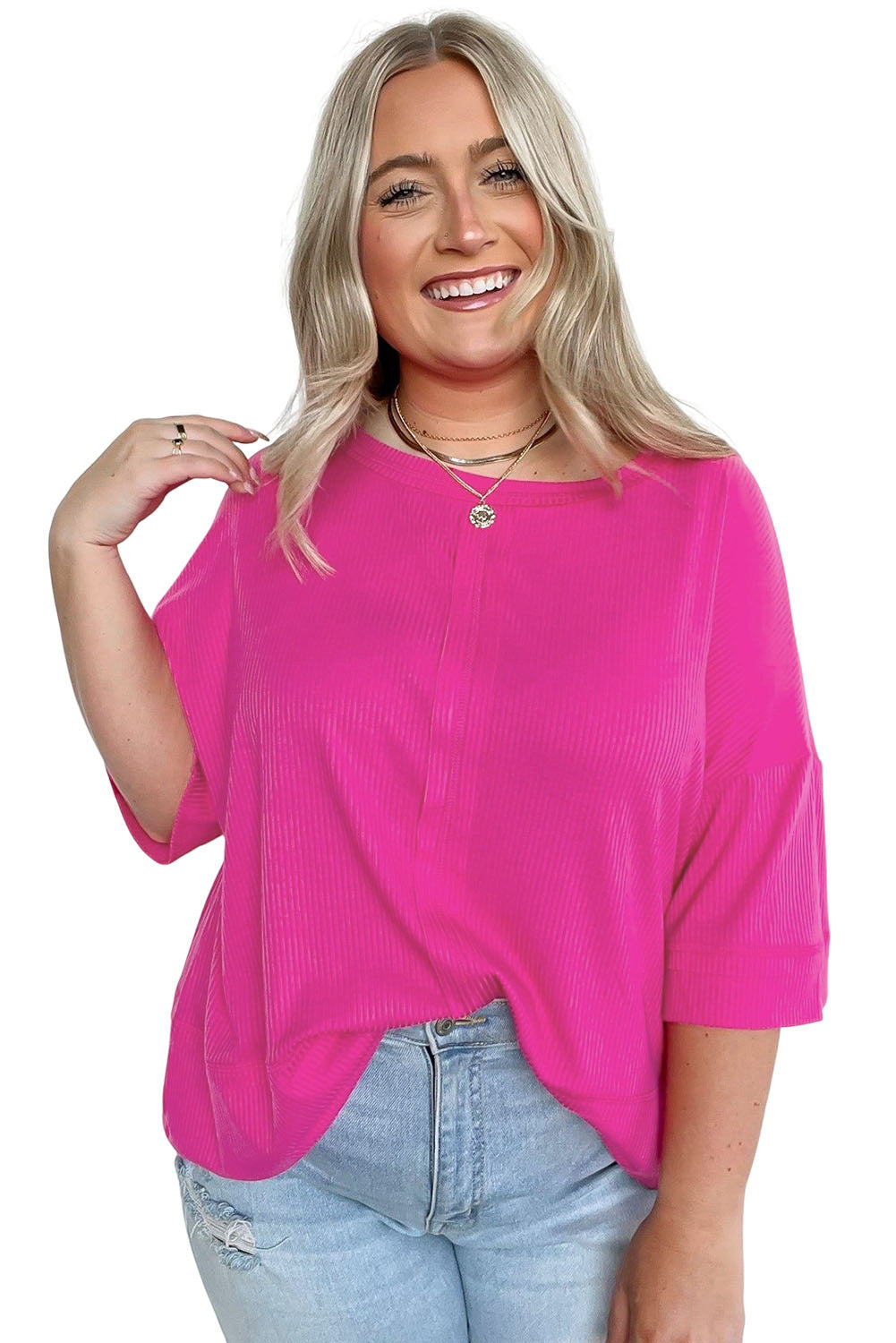 Plus Size Ribbed 3/4 Sleeves Flowy Top