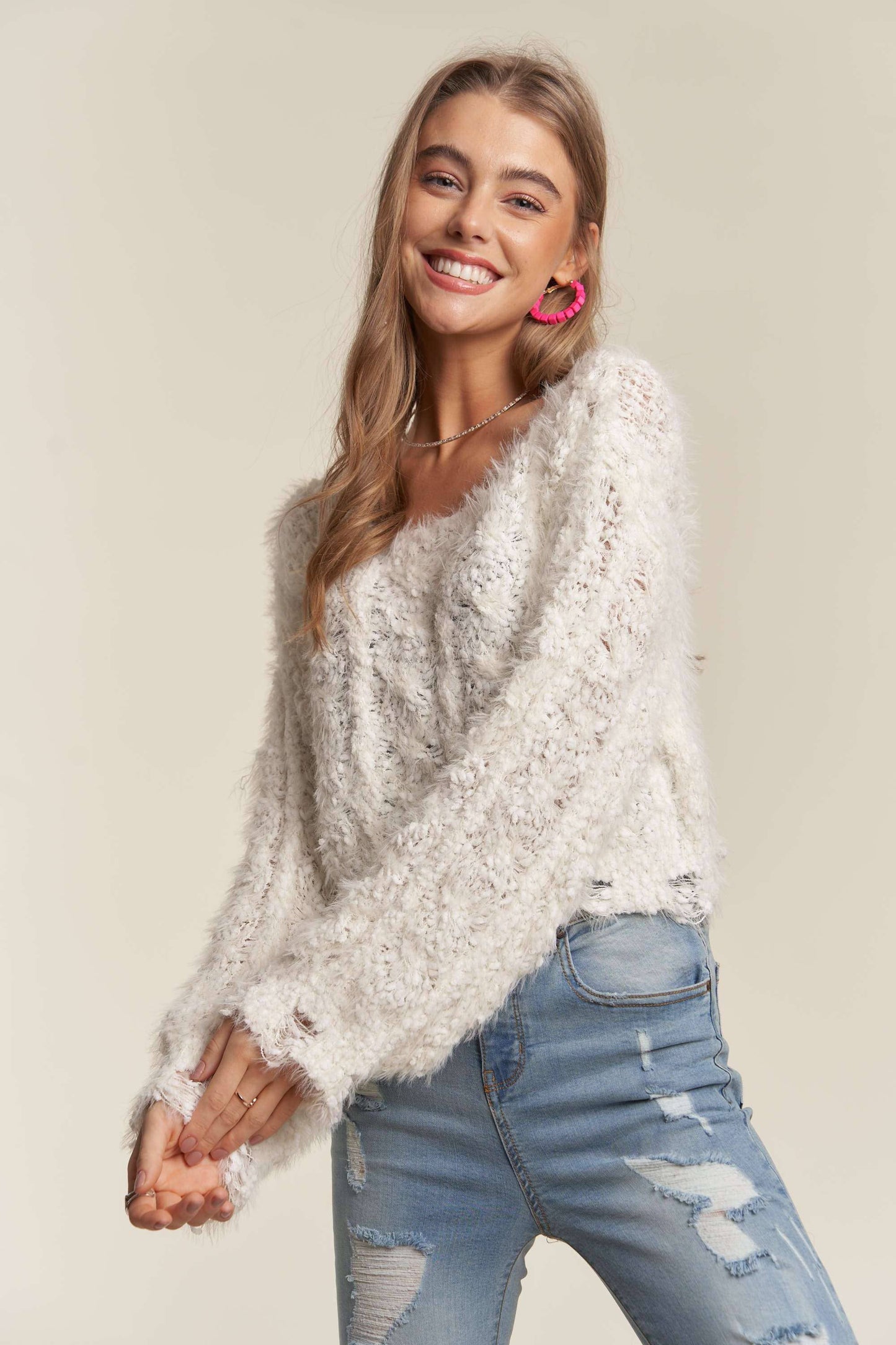 ADORA LA - CESW3446 - FRAYED HEM CROP SWEATER TOP: ONE SIZE / PINK