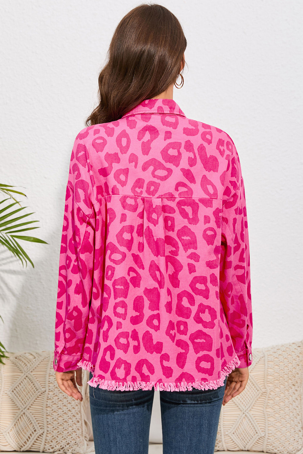 Leopard Print Button Cuffs Raw Hem Jacket