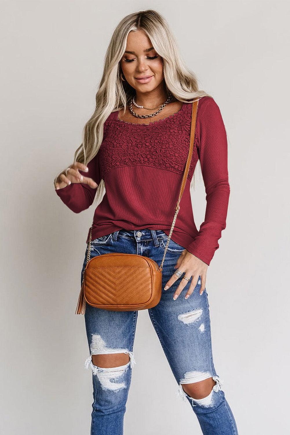 Lace Crochet V Neck Long Sleeve Top