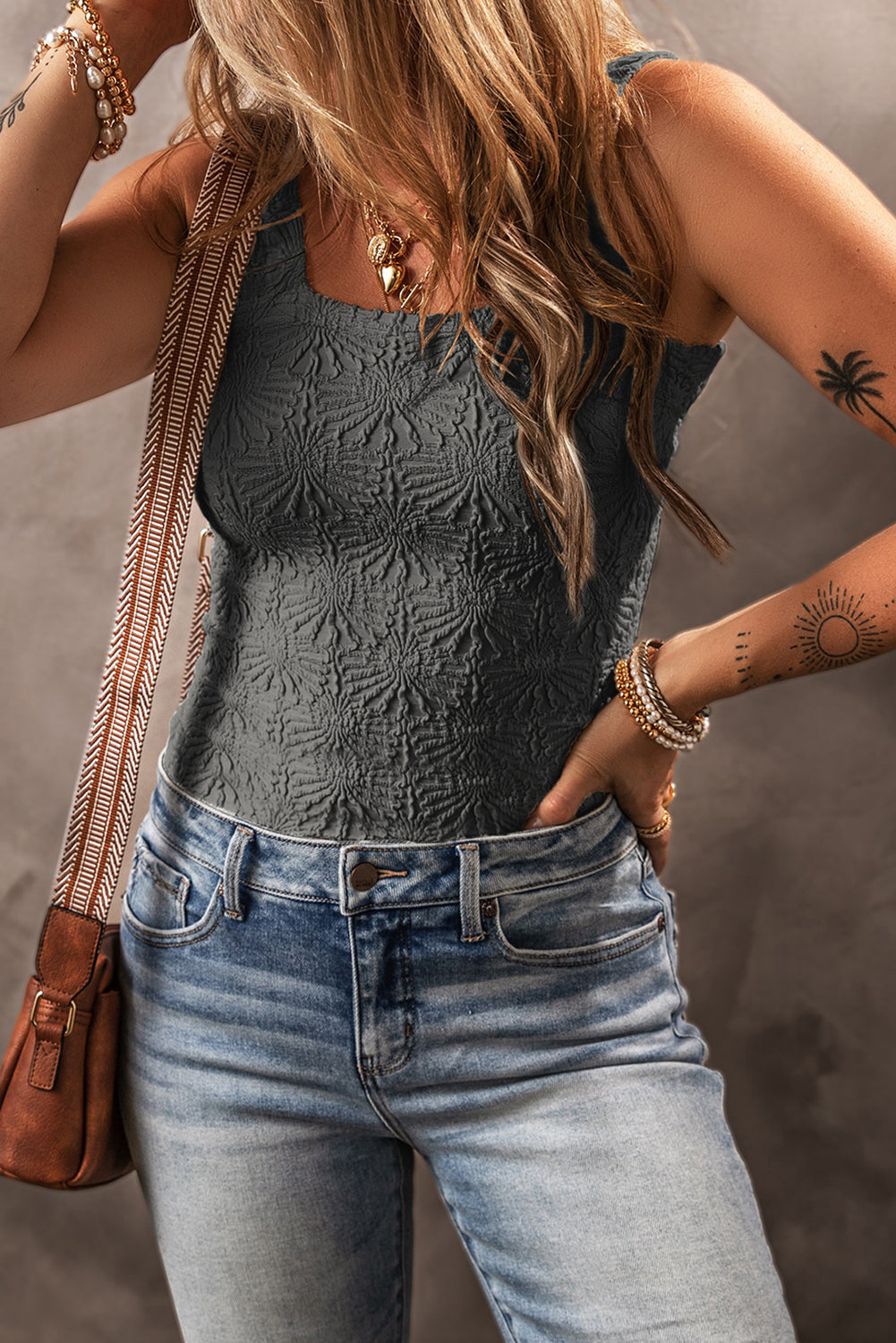 Medium Grey Floral Jacquard Square Neck Tank Top