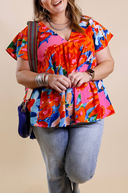 Abstract Floral Print V Neck Plus Blouse