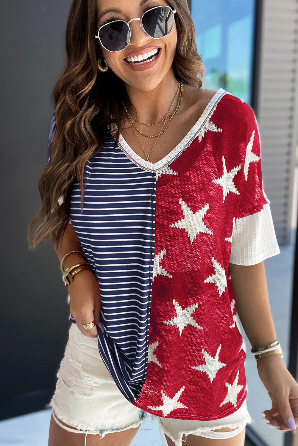 Stripes Stars Print Knit Short Sleeves Top