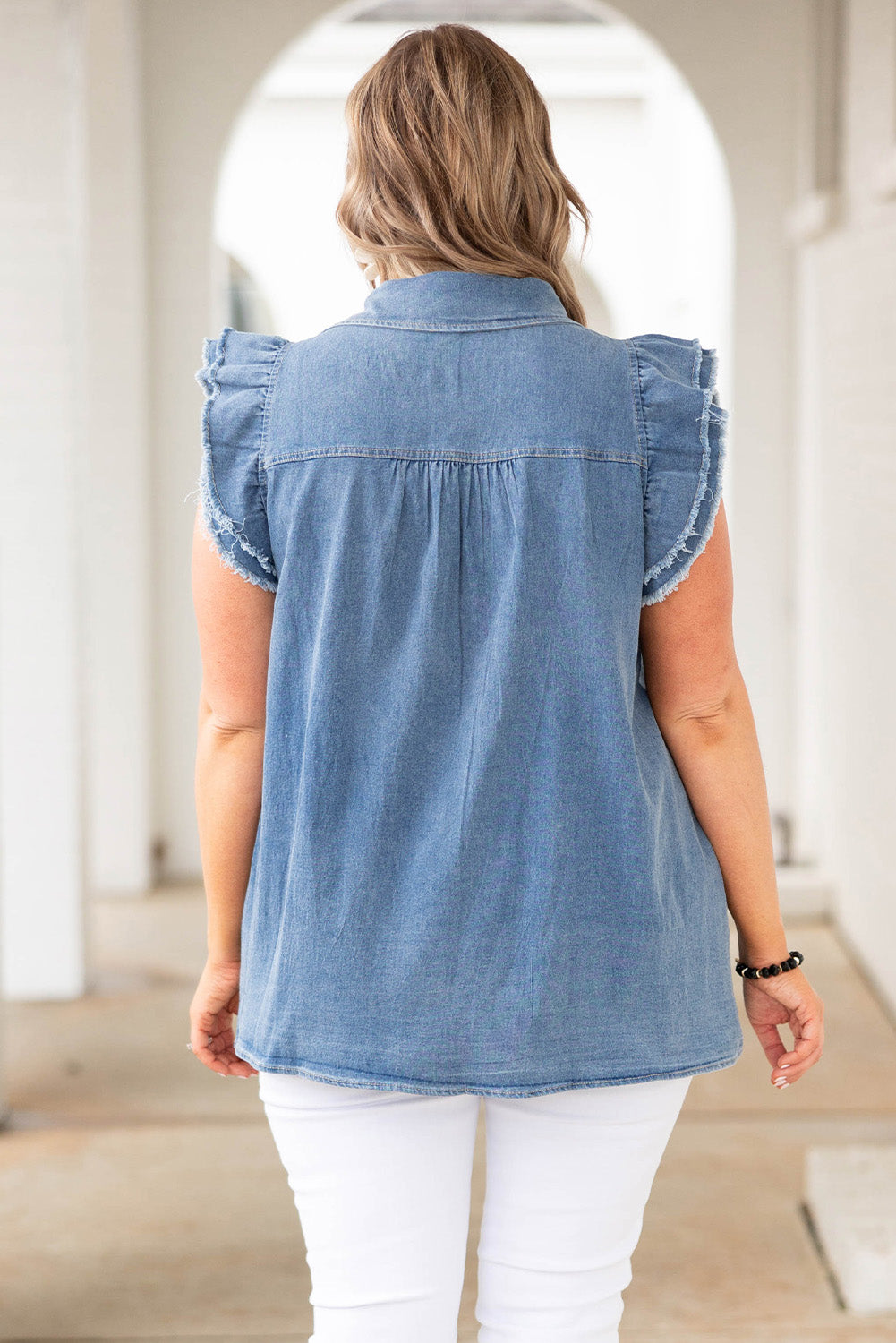 Frayed Ruffle Sleeve Plus Size Denim Shirt