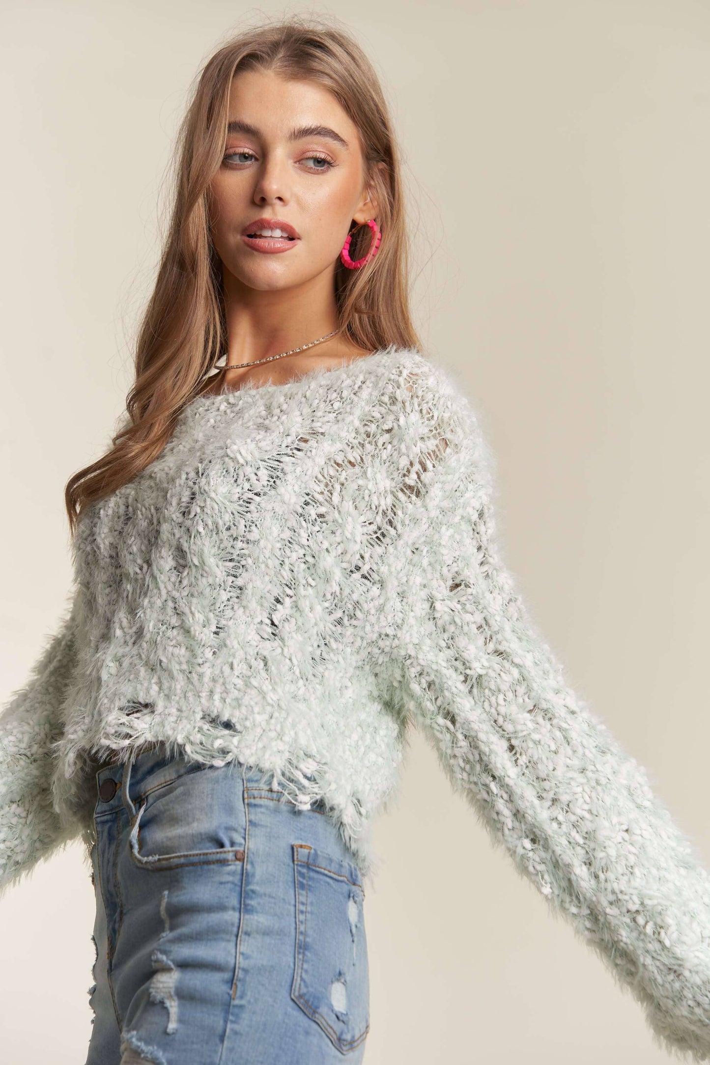 ADORA LA - CESW3446 - FRAYED HEM CROP SWEATER TOP: ONE SIZE / PINK