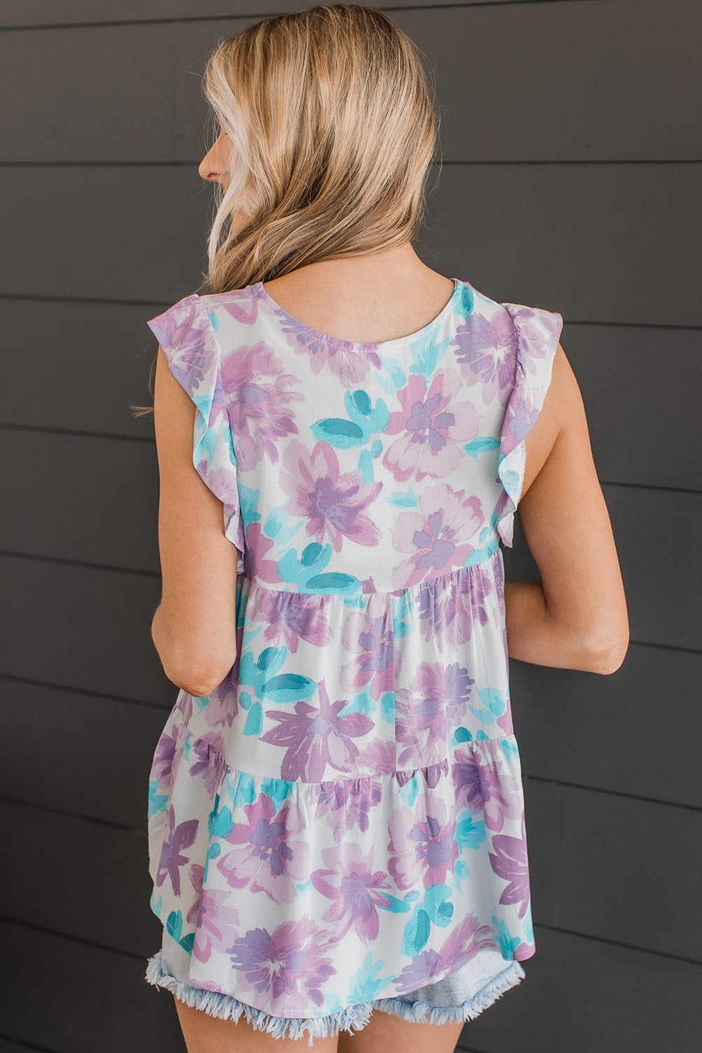 Watercolor Floral Ruffled V Neck Tank Top