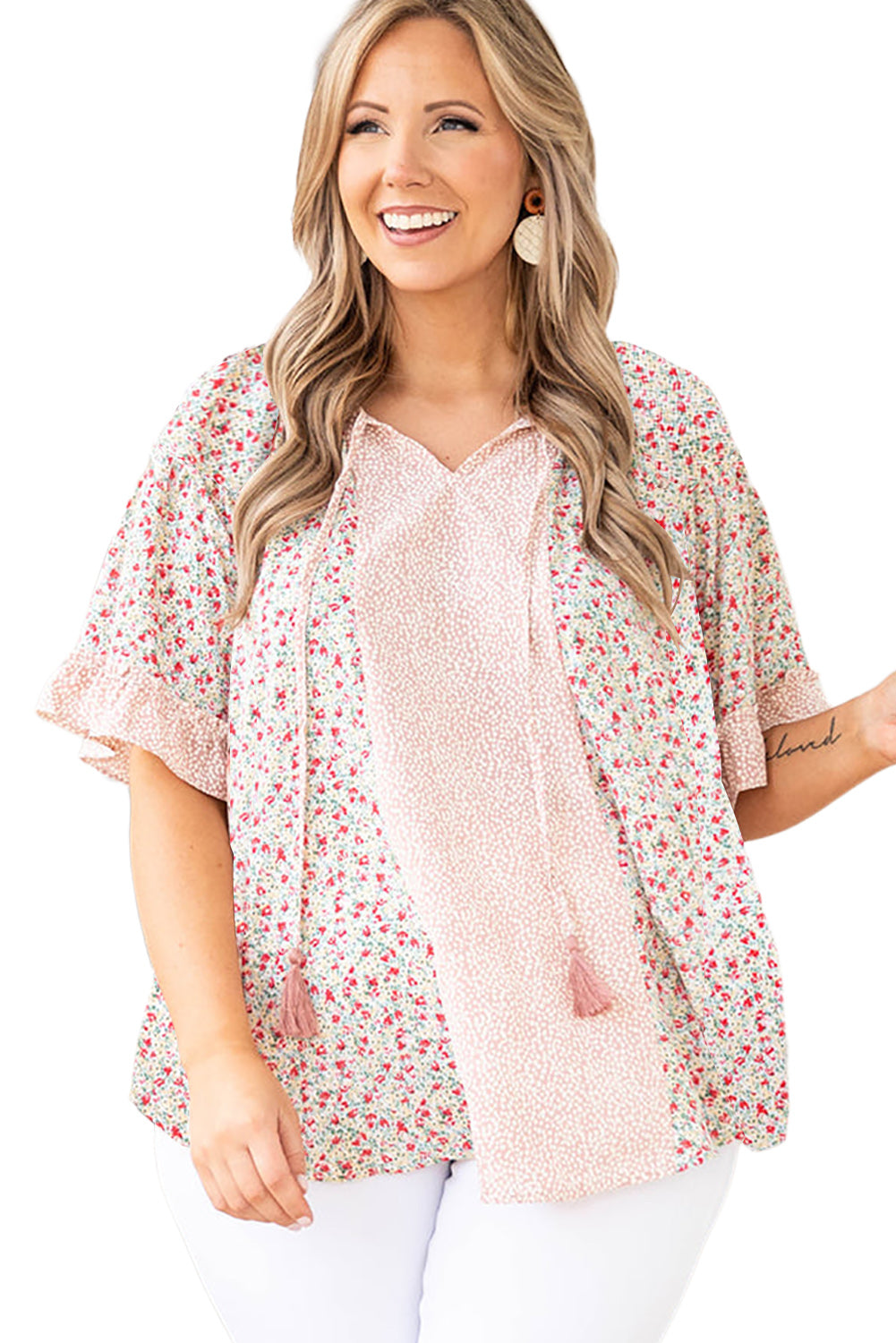 Plus Size Dotty Floral Patchwork Tassel Tie V Neck Top