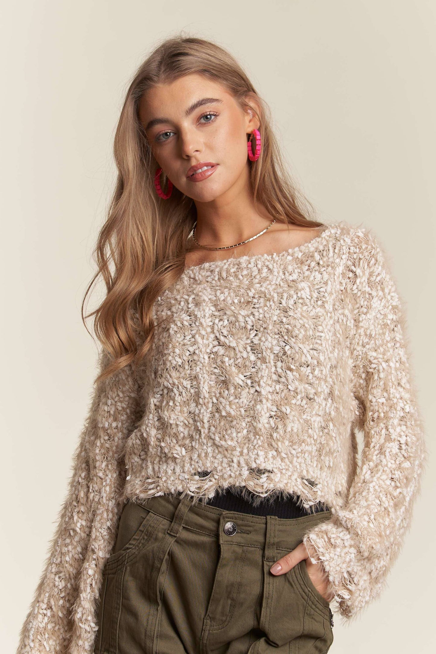 ADORA LA - CESW3446 - FRAYED HEM CROP SWEATER TOP: ONE SIZE / PINK