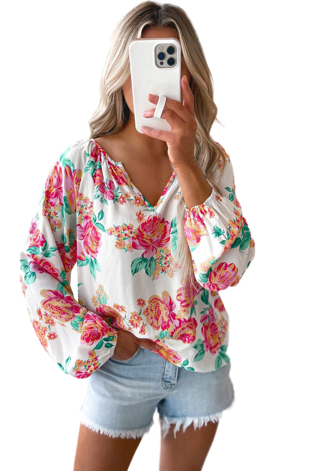 Notch V Neck Floral Pleated Puff Sleeve Blouse