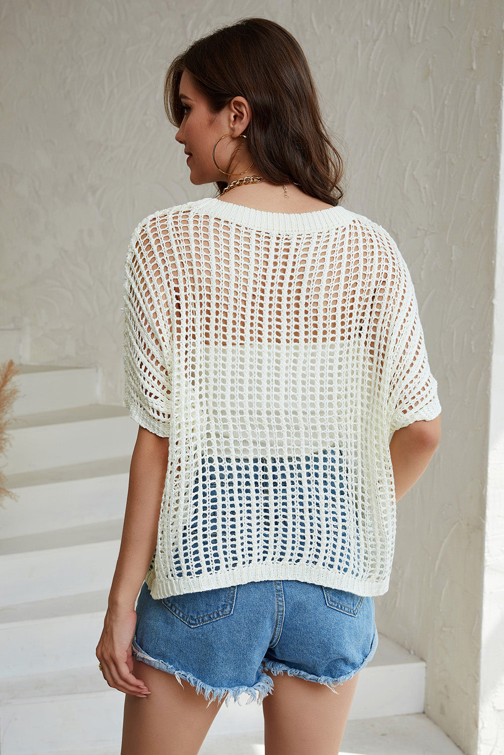 Whit Fishnet Knit Ribbed Round Neck Short Sleeve Sweater Tee