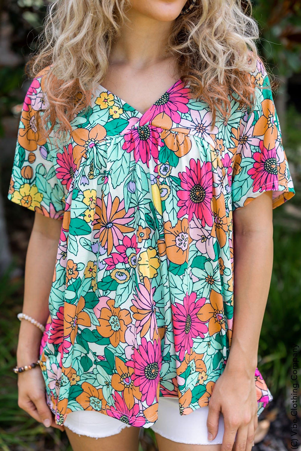 Multicolor Floral Print Short Sleeve Babydoll Blouse