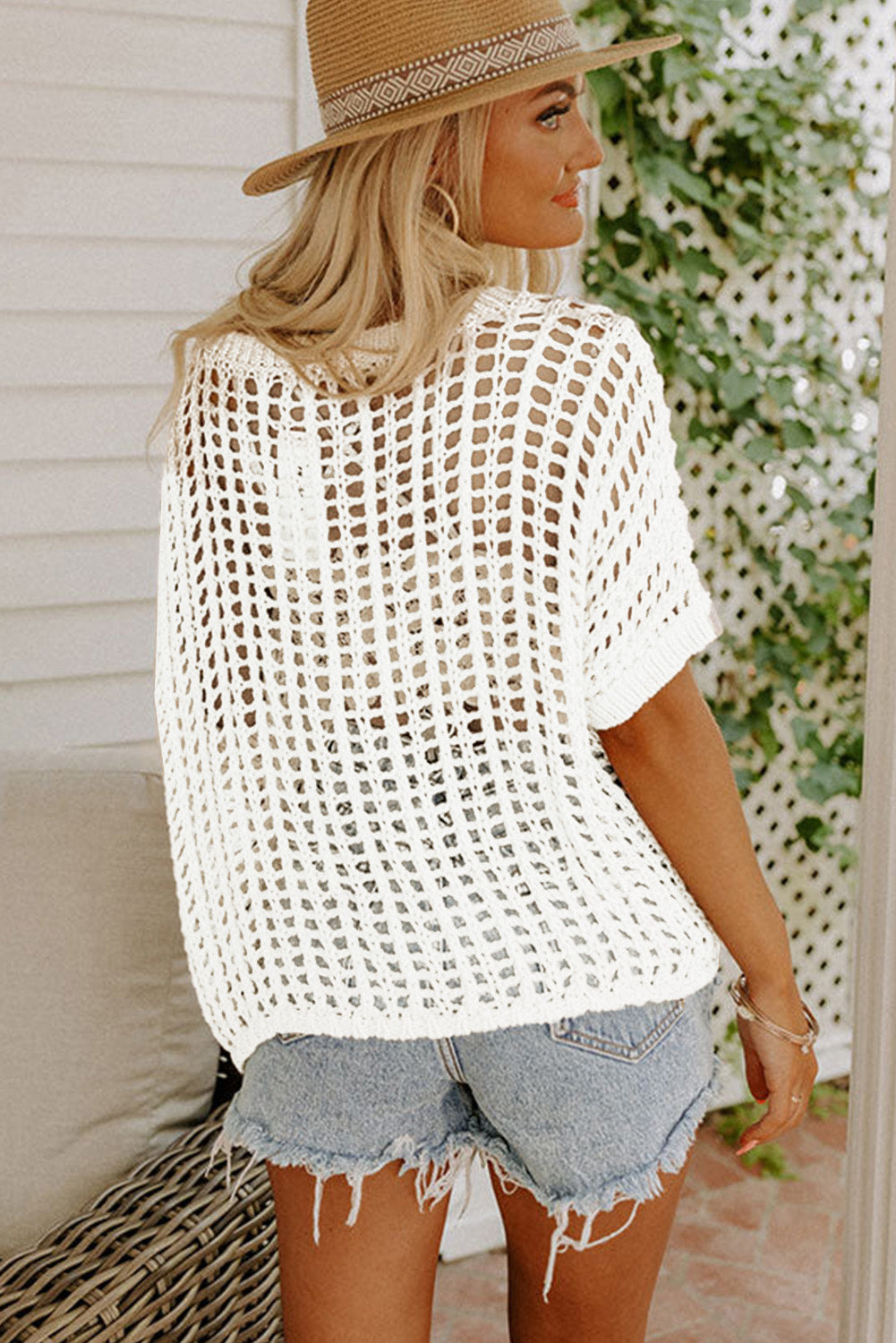 Whit Fishnet Knit Ribbed Round Neck Short Sleeve Sweater Tee