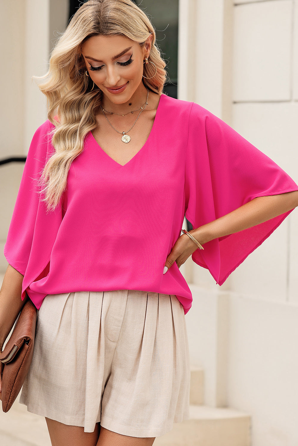 Plain Flounce Bell Sleeve V Neck Blouse