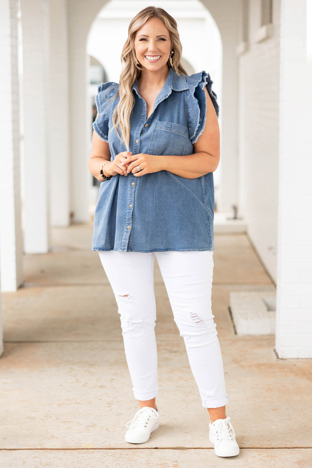 Frayed Ruffle Sleeve Plus Size Denim Shirt