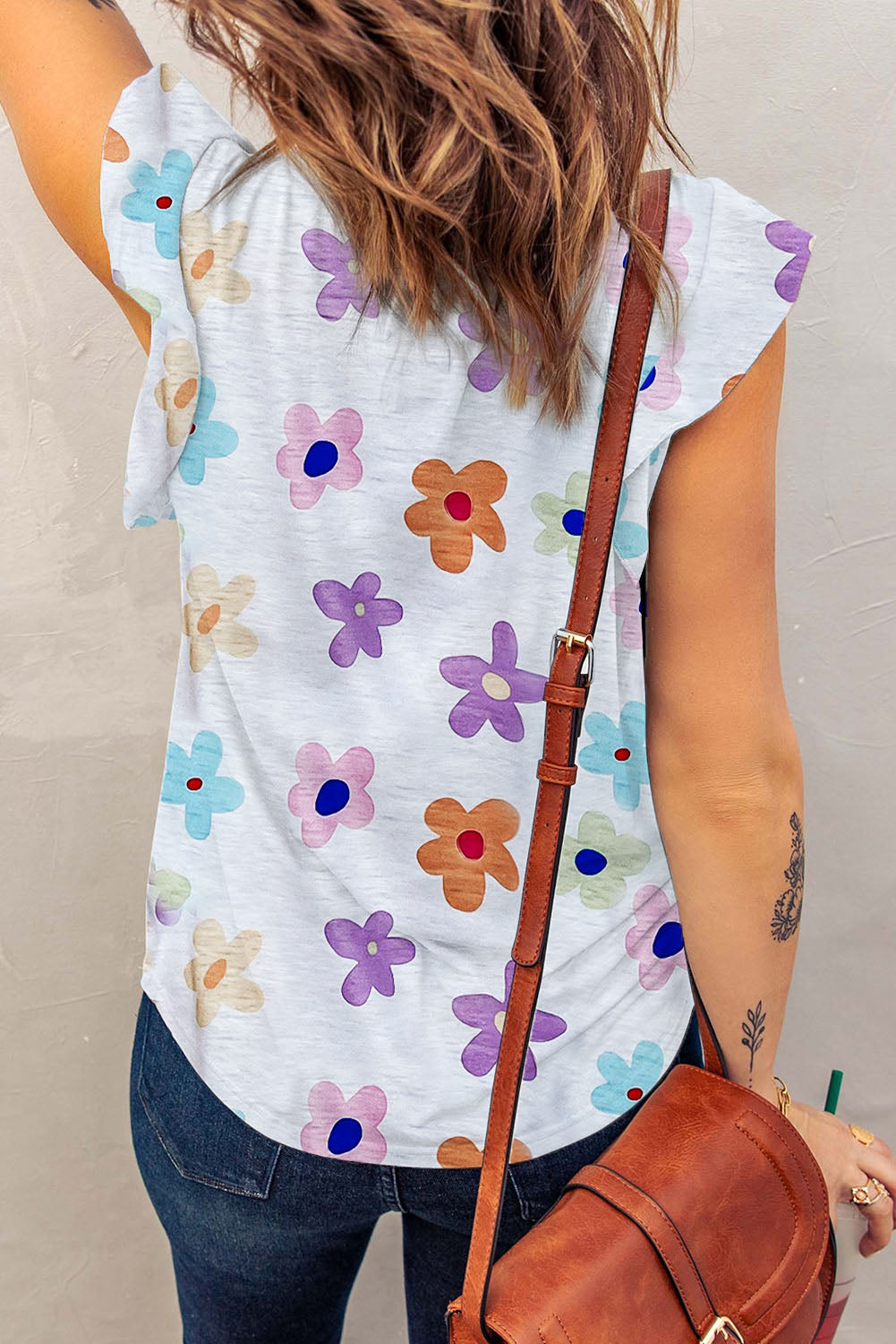 Flower Print Notch V-Neck Flutter Sleeveless Tank