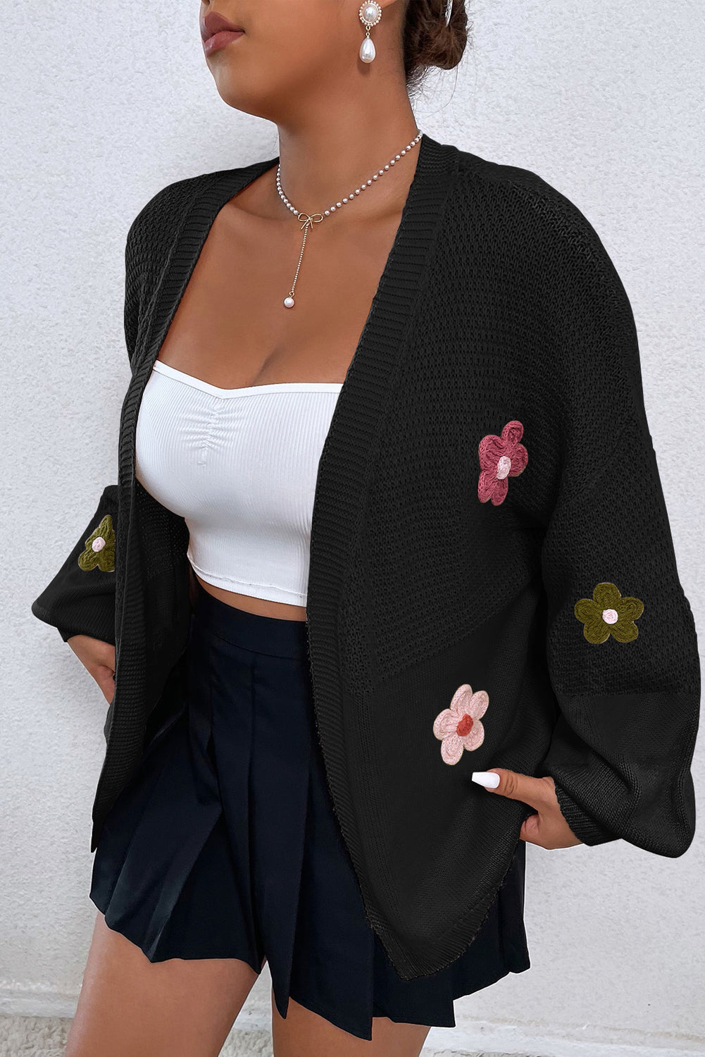 Black Floral Applique Drop Shoulder Bubble Sleeve Cardigan