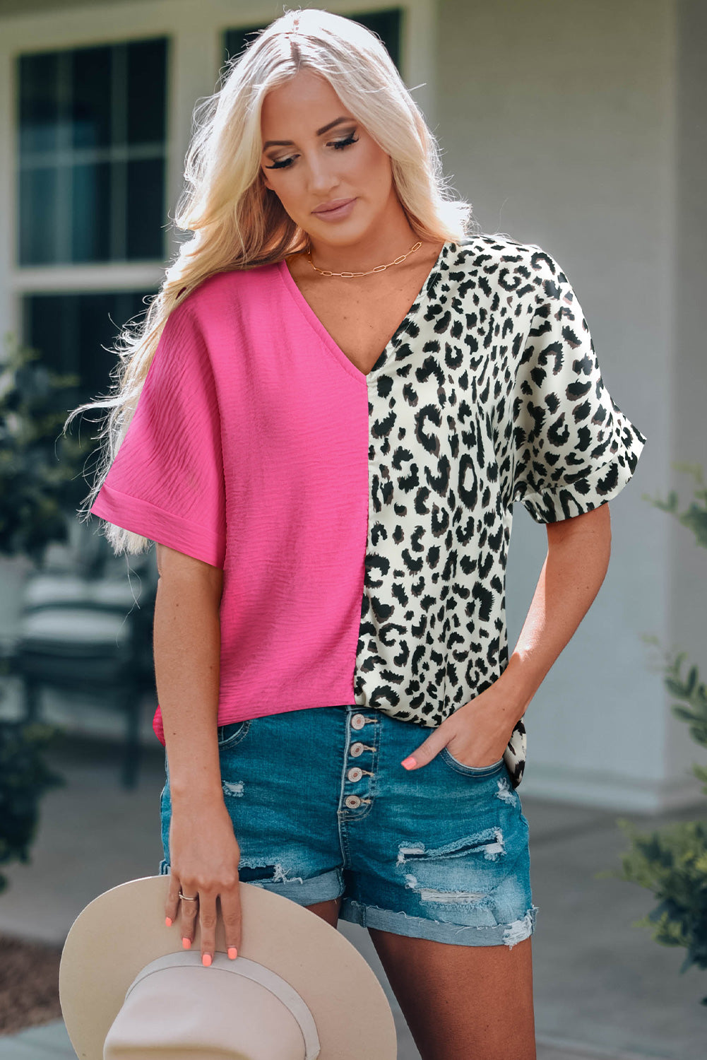 Contrast Leopard Color Block Blouse