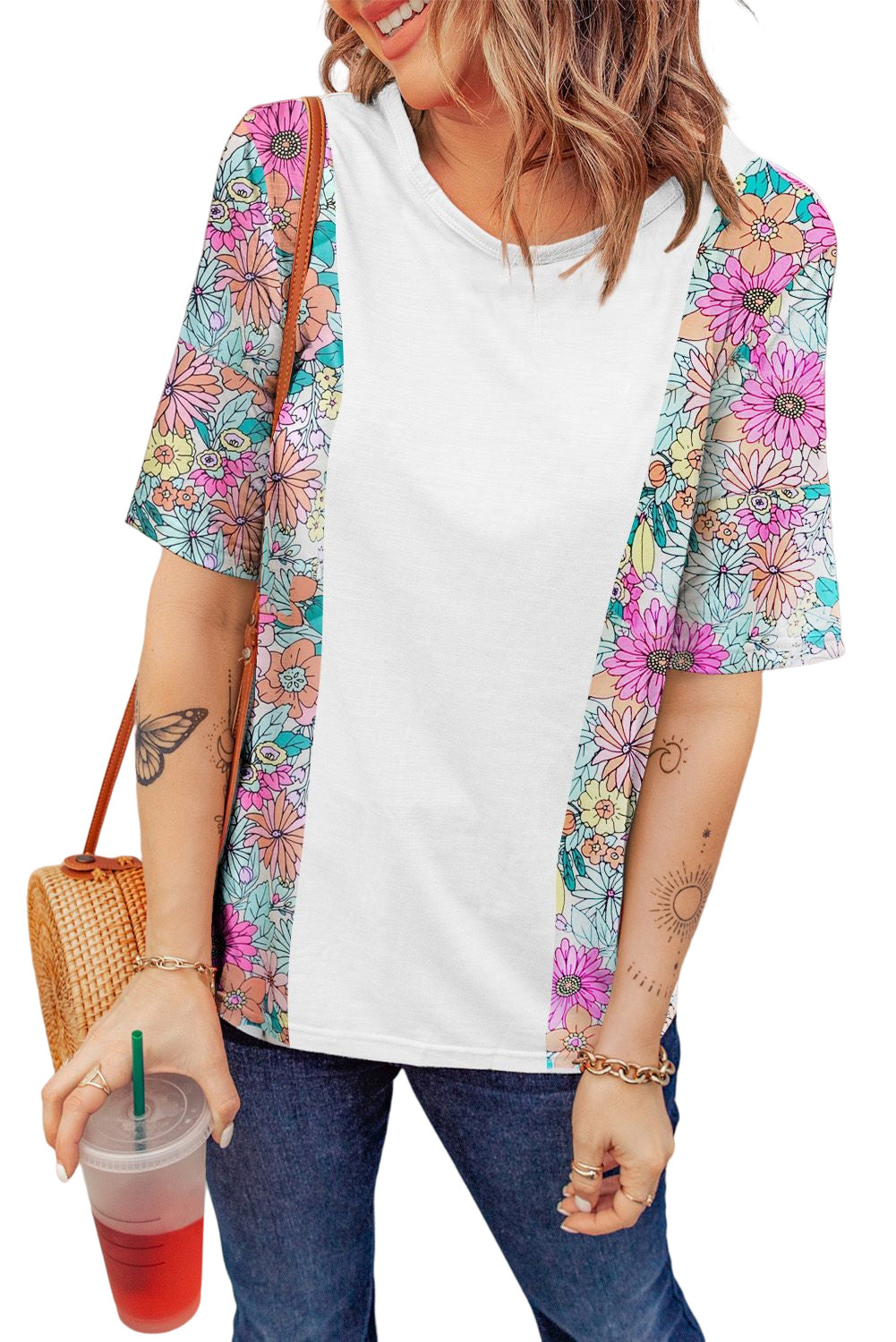 Floral Print Patchwork Short Sleeve Top