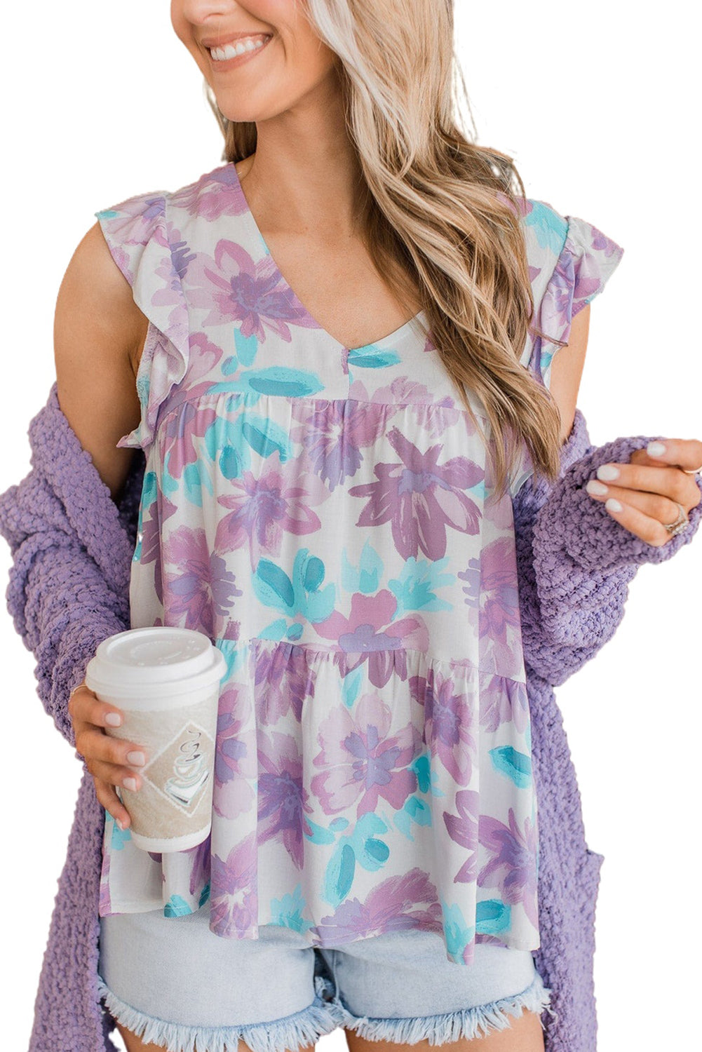 Watercolor Floral Ruffled V Neck Tank Top