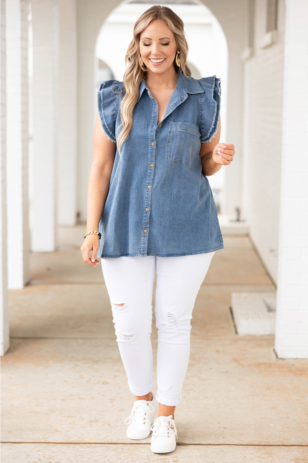 Frayed Ruffle Sleeve Plus Size Denim Shirt