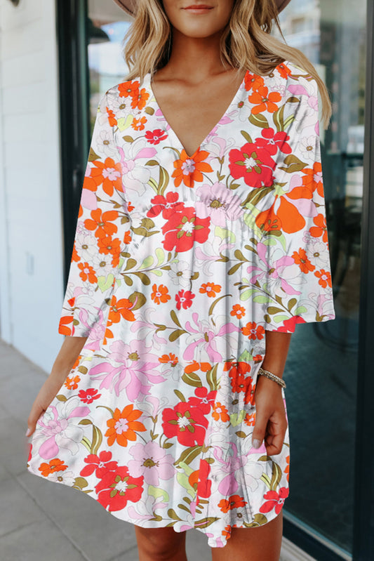 V Neck 3/4 Sleeve Floral Dress